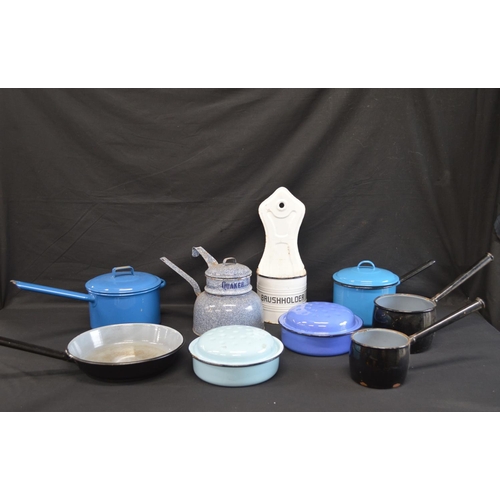 191 - Collection of enamelware to include: wall hanging brush holder, Quaker Oats cooking pan and sauce pa... 