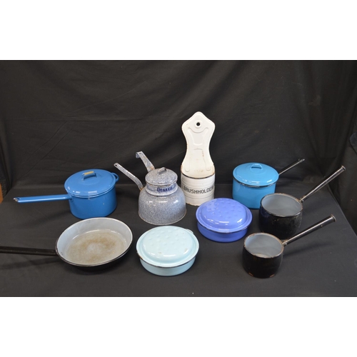 191 - Collection of enamelware to include: wall hanging brush holder, Quaker Oats cooking pan and sauce pa... 