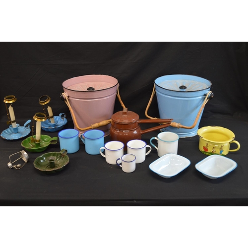 192 - Collection of enamelware to include: two buckets with covers, chamber sticks and mugs etc