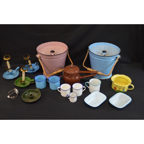 192 - Collection of enamelware to include: two buckets with covers, chamber sticks and mugs etc