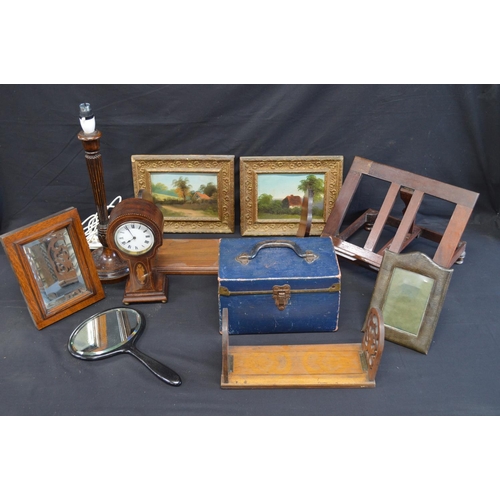 193 - Collection of sundry items to include: two book slides, inlaid mantle clock, book rest, pair of oil ... 