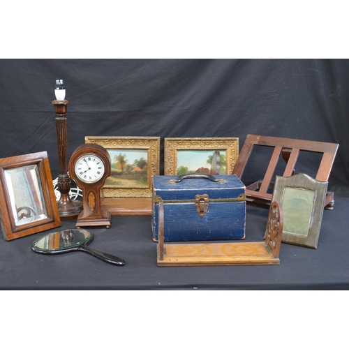 193 - Collection of sundry items to include: two book slides, inlaid mantle clock, book rest, pair of oil ... 