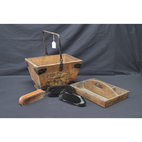 195 - Superior metal bound pine housemaids' box with metal swing handle and removable tray
