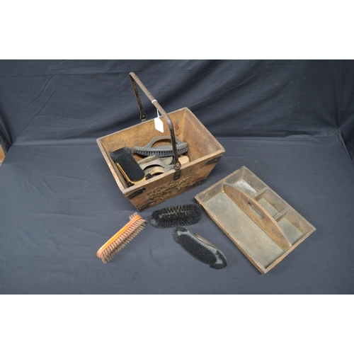 195 - Superior metal bound pine housemaids' box with metal swing handle and removable tray