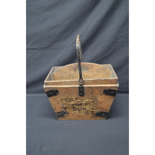 195 - Superior metal bound pine housemaids' box with metal swing handle and removable tray