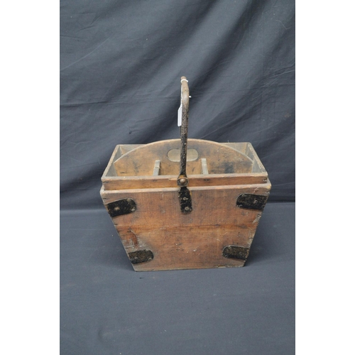 195 - Superior metal bound pine housemaids' box with metal swing handle and removable tray