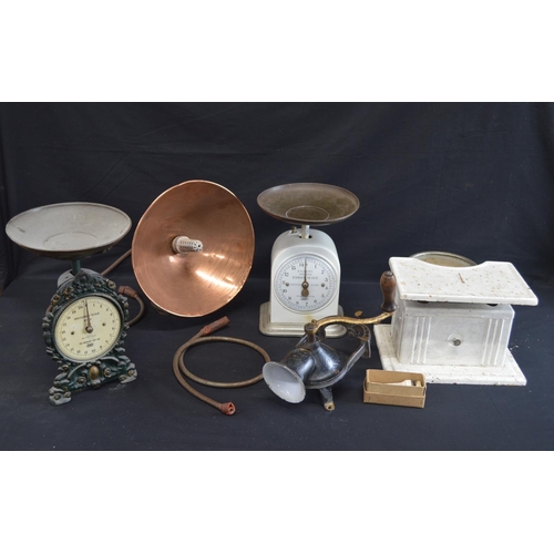 197 - Set of ceramic Salter's Improved family scales together with two other sets of scales, copper heat l... 