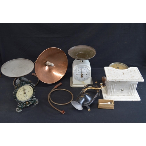 197 - Set of ceramic Salter's Improved family scales together with two other sets of scales, copper heat l... 