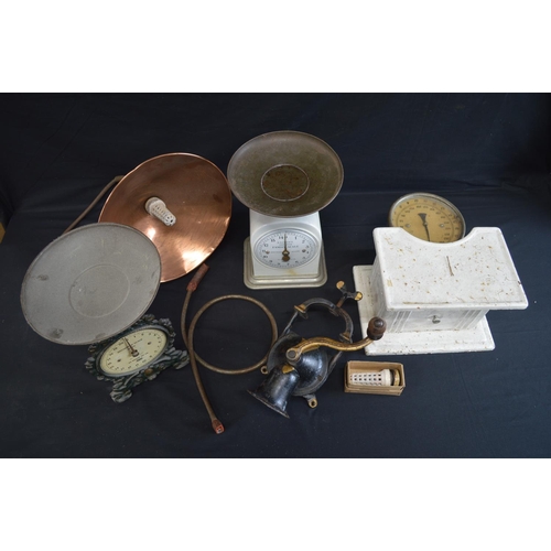 197 - Set of ceramic Salter's Improved family scales together with two other sets of scales, copper heat l... 