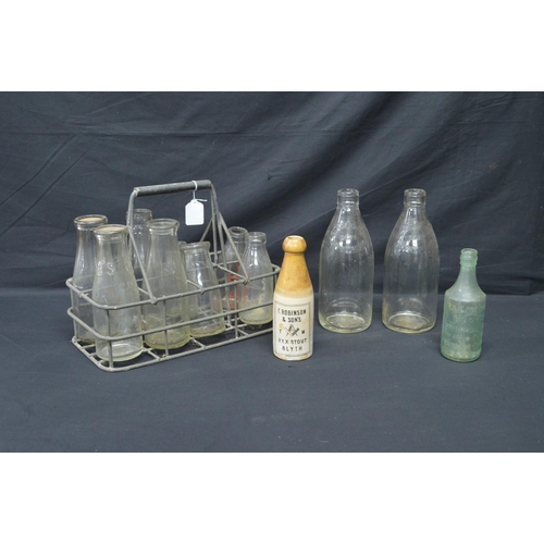 198 - Vintage galvanised milk bottle basket to hold eight bottles together with eight various glass Clock ... 