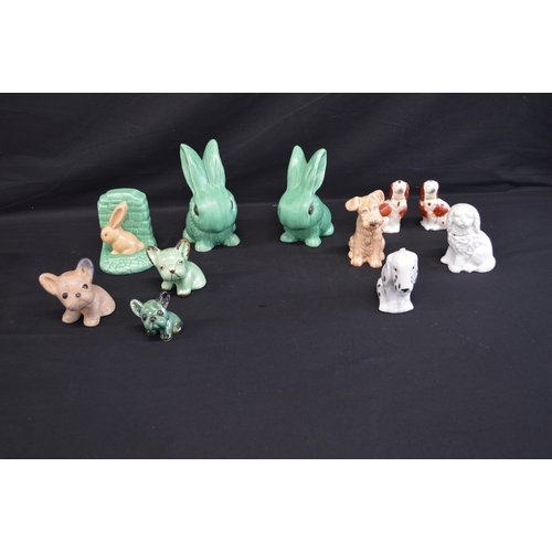 206 - Two green Sylvac rabbits together with Sylvac bookend, Sylvac dog, pair of Staffordshire dogs and fi... 