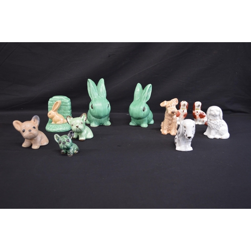 206 - Two green Sylvac rabbits together with Sylvac bookend, Sylvac dog, pair of Staffordshire dogs and fi... 