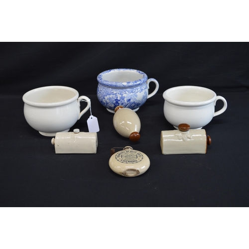 208 - Group of three small chamber pots together with miniature Old Fulham Pottery Adaptable bed warmer - ... 