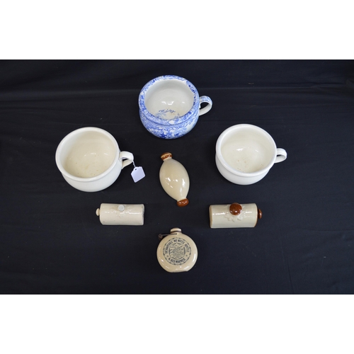 208 - Group of three small chamber pots together with miniature Old Fulham Pottery Adaptable bed warmer - ... 