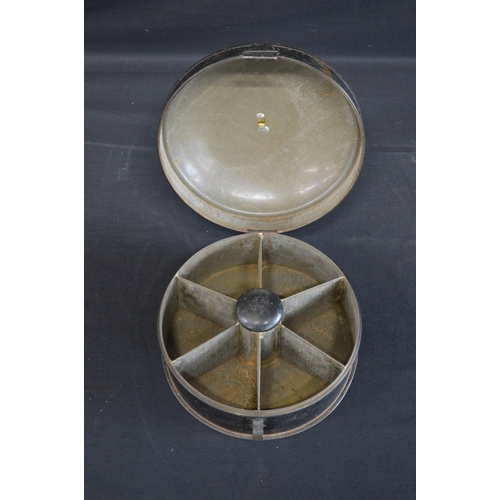 209 - Circular spice tin having sectional interior fitted with grater - 17.5cm dia