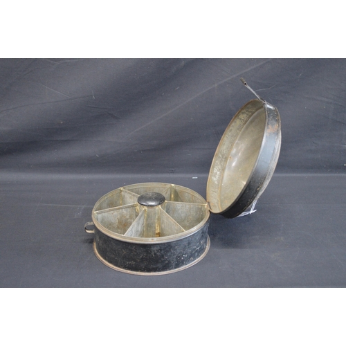 209 - Circular spice tin having sectional interior fitted with grater - 17.5cm dia