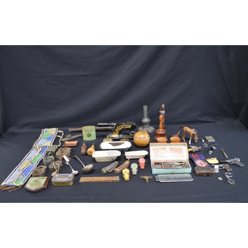 215 - Collection of sundry items to include: glass beadwork belt, padlocks & keys, desk stamp and Rolls ra... 