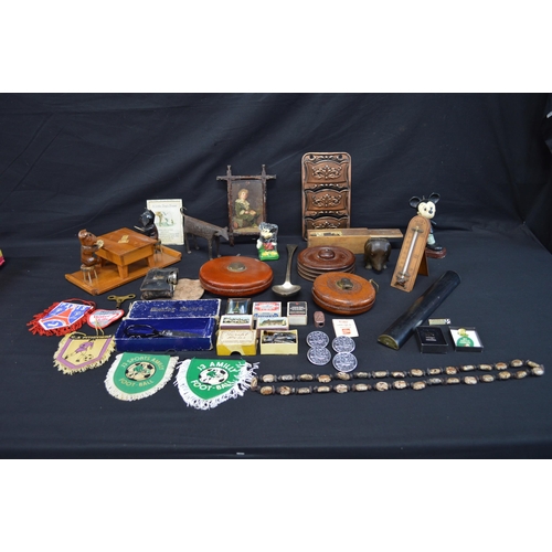 218 - Collection of sundry items to include: two leather tape measures, opera glasses, Mickey Mouse candle... 