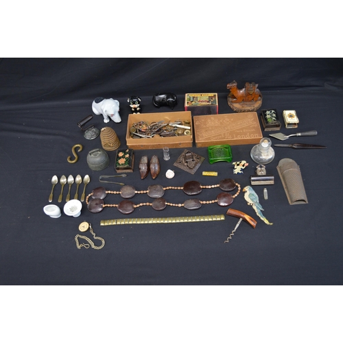 221 - Collection of sundry items to include: dog form pin cushion, matchbox holders, paper clip, eye bath ... 