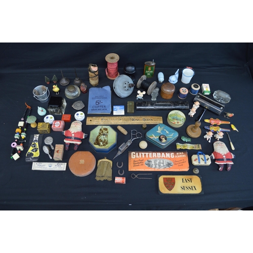 223 - Collection of sundry items to include: vintage spinning top, ink wells, Treen lidded pots, tins and ... 