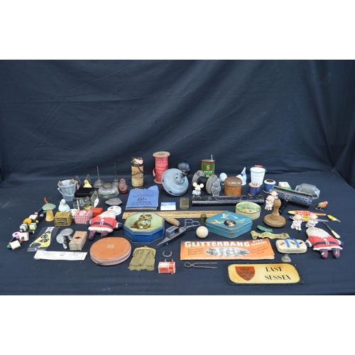 223 - Collection of sundry items to include: vintage spinning top, ink wells, Treen lidded pots, tins and ... 