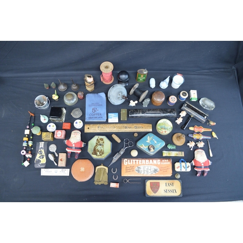 223 - Collection of sundry items to include: vintage spinning top, ink wells, Treen lidded pots, tins and ... 