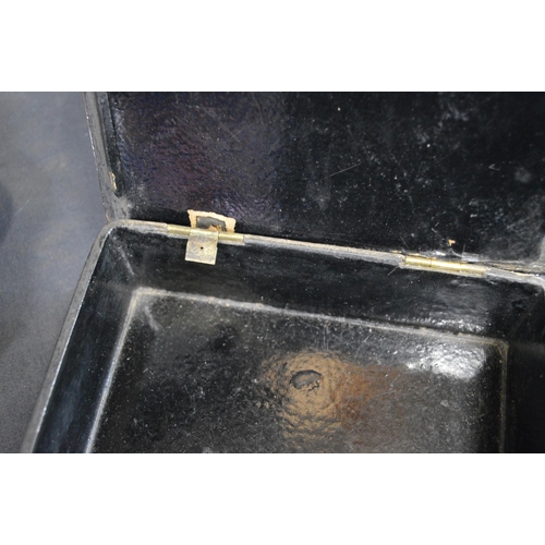 229 - Pair of lacquered papier mache boxes with hinged lids decorated with scenes of figures - 18cm wide t... 