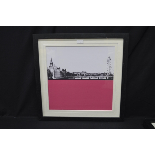 14 - Two Jacky Al-Samarraie contemporary art prints titled London Skyline and Gherkin - 40cm x 40cm each,... 