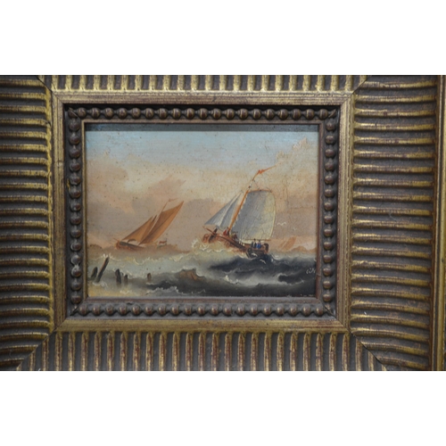 159 - Indistinctly signed late 20th century oil on board of ships in rough seas - 16.5cm x 12.5cm, in ungl... 