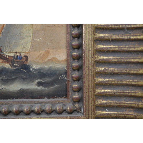 159 - Indistinctly signed late 20th century oil on board of ships in rough seas - 16.5cm x 12.5cm, in ungl... 