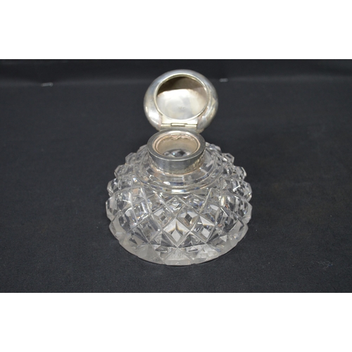 160 - Cut glass circular ink well with silver lid, hallmarked for Birmingham - 11.5cm wide