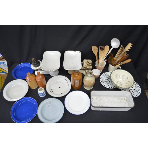 176 - Quantity of kitchenalia to include: enamel plates, scales and stoneware bottles etc