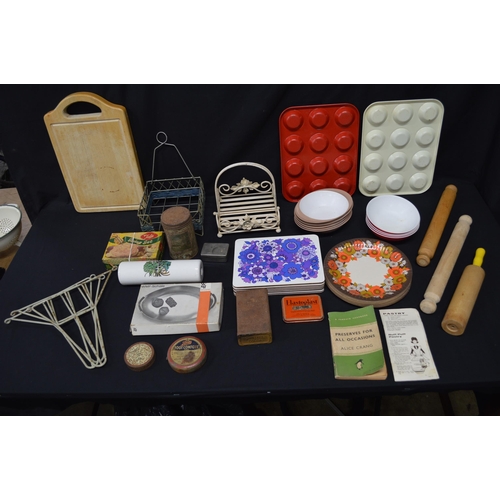 176 - Quantity of kitchenalia to include: enamel plates, scales and stoneware bottles etc