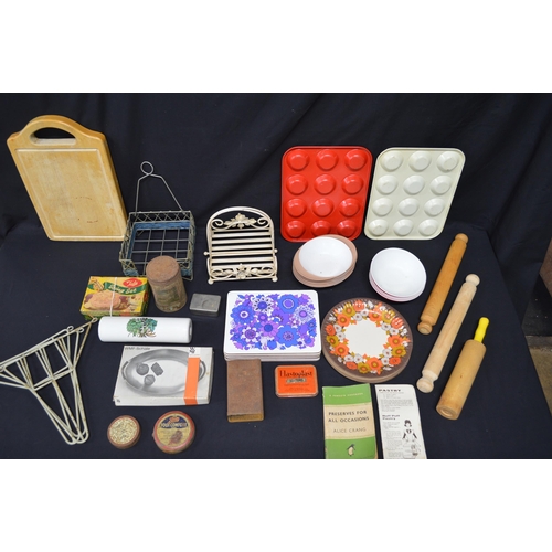 176 - Quantity of kitchenalia to include: enamel plates, scales and stoneware bottles etc