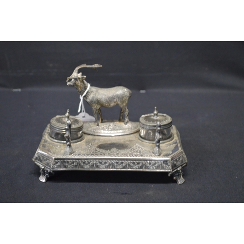 178 - James Deakin & Sons double inkwell mounted with figure of a stag - 17.5cm wide