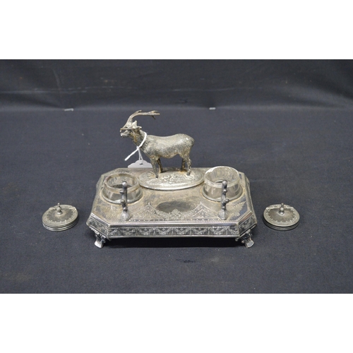 178 - James Deakin & Sons double inkwell mounted with figure of a stag - 17.5cm wide