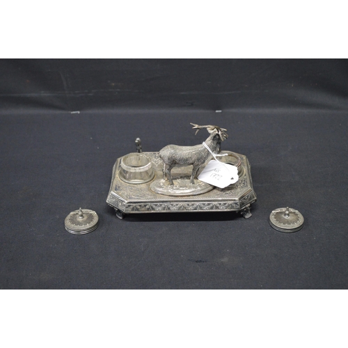 178 - James Deakin & Sons double inkwell mounted with figure of a stag - 17.5cm wide