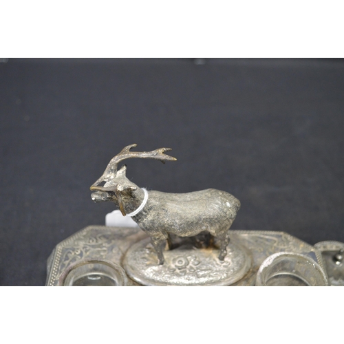 178 - James Deakin & Sons double inkwell mounted with figure of a stag - 17.5cm wide