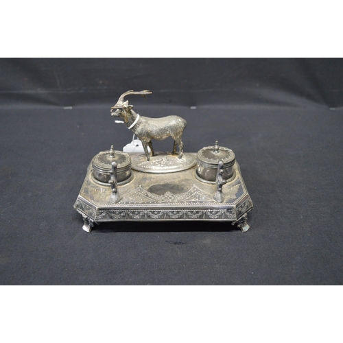 178 - James Deakin & Sons double inkwell mounted with figure of a stag - 17.5cm wide