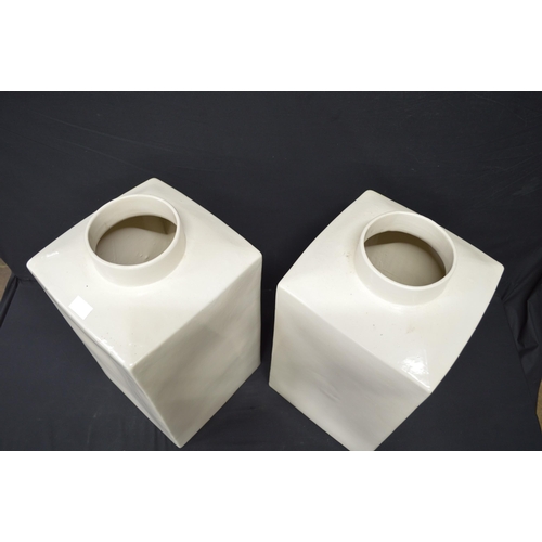 185 - Pair of square form cream ground floor vases - 57.7cm tall