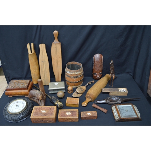 24 - Collection of wooden items to include: two barometers, boxes and shoe stretchers etc