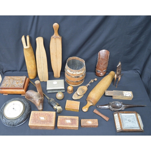 24 - Collection of wooden items to include: two barometers, boxes and shoe stretchers etc