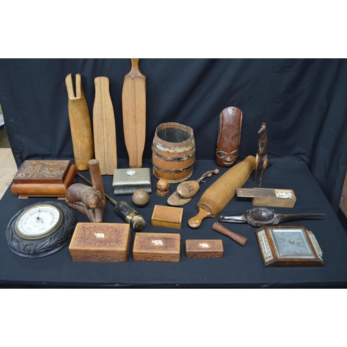 24 - Collection of wooden items to include: two barometers, boxes and shoe stretchers etc