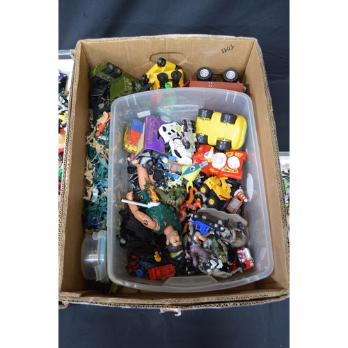 26 - Two boxes containing playworn toy vehicles and toy soldiers etc