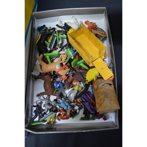 26 - Two boxes containing playworn toy vehicles and toy soldiers etc