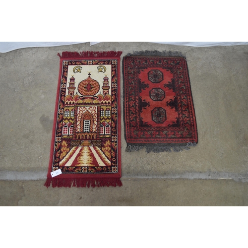 279 - Turkish wall hanging rug having a palace/mosque building surrounded by a patterned border, with end ... 