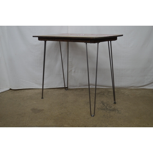 280 - Painted pine tongue and groove side table standing on hair pin legs - 87.5cm x 50.5cm x 76.5cm tall