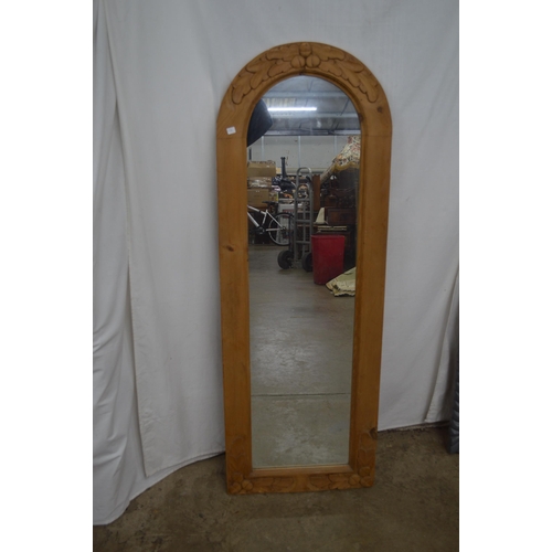 285 - Carved pine arched frame mirror - 51cm x 144cm tall together with a carved grey painted arched frame... 