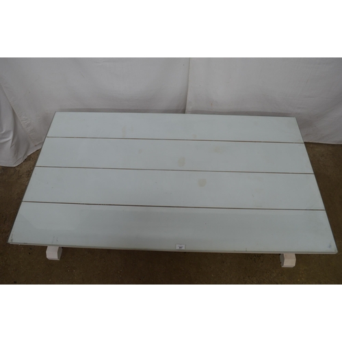 287 - Large painted pine coffee table having a four plank top with glass cover - 152cm x 86cm x 36cm tall