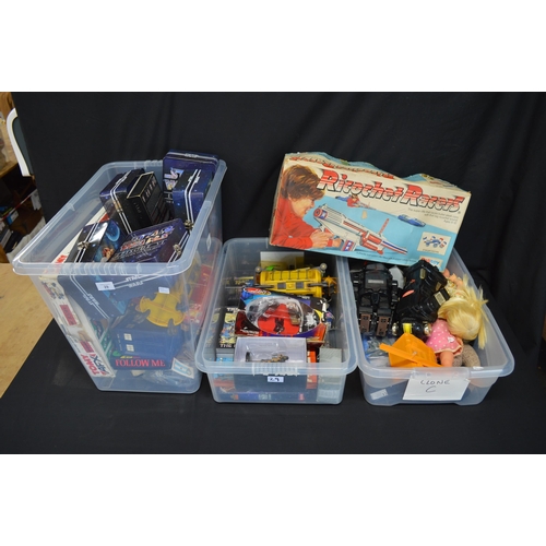 29 - Three boxes containing various toys to include: Ricochet Racers, Dr Who, dvd's and Marvel figures et... 